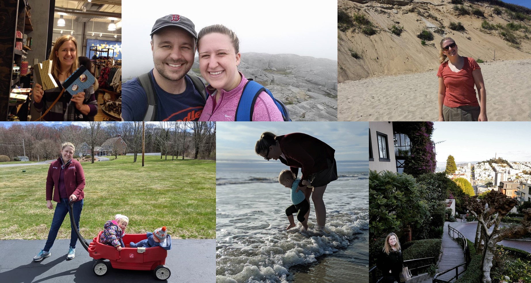 Prof. Burke hiking, visiting the ocean, exploring San Francisco, and taking a walk with her kids.